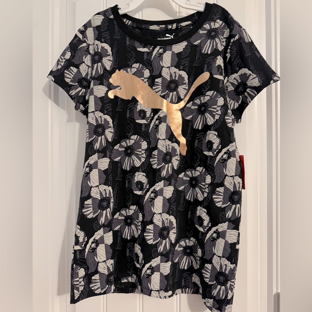 Cool Puma girls size L black gray floral short sleeve shirt NWT